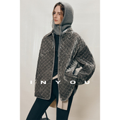 宽松衬衫 因由 绗棉轻量丝绒微皱翻领烟草灰秋冬新款 棉服外套女