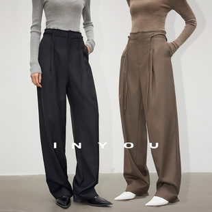 雅痞高腰显腿直羊毛极简休闲阔腿裤 女 高阶时髦抽绳及地长裤 因由