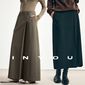 因由 时髦知识分子风垂挺纸片褶后开叉微A直筒遮肉显瘦三色半身裙