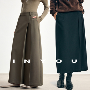 因由 时髦知识分子风垂挺纸片褶后开叉微A直筒遮肉显瘦三色半身裙