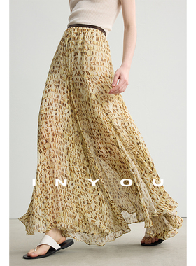 因由 大摆显瘦法式优雅长裙艺术感不规则轻盈气质复古印花半身裙