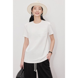 因由 慵懒松弛轻奢row风刺绣时髦通勤百搭立体花T恤 纯色圆领短袖