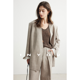 休闲裤 因由 两件套女 外套 混色条纹亚麻无领西装 老钱气质时尚 套装