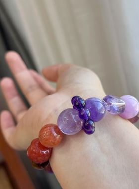 天然水晶手链多宝大颗粒手串紫水晶草莓晶粉水晶紫锂辉金发晶礼物
