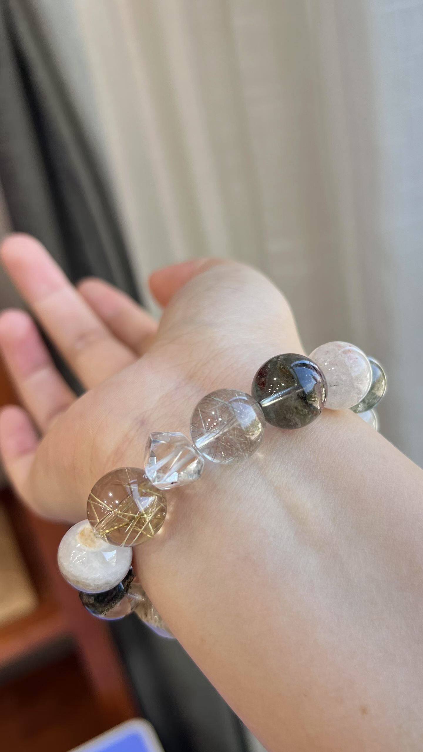 天然水晶手链绿幽灵手串 彩幽灵四季红金发晶银发晶饰品礼物女