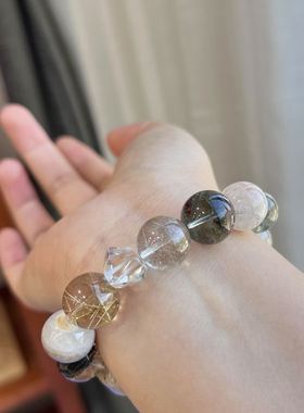 天然水晶手链绿幽灵手串 彩幽灵四季红金发晶银发晶饰品礼物女