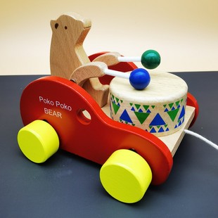 儿童小熊敲鼓拖拉车学步 2岁 宝宝拉绳玩具车1 木制手拉线拉着走