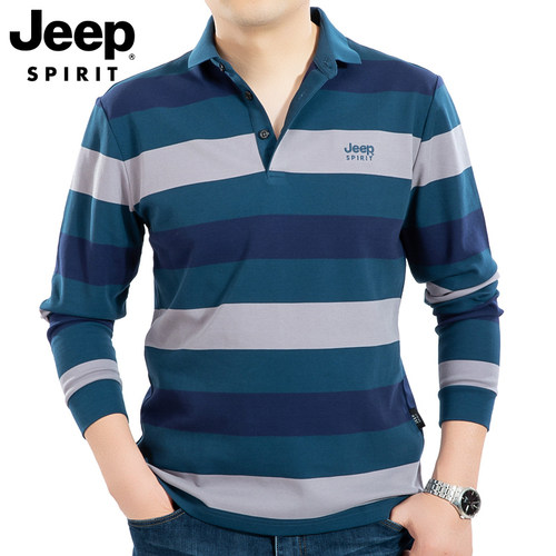 吉普jeep春季新品条纹翻领t恤