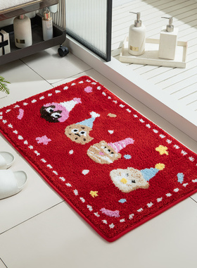 红色卡通浴室地垫吸水卫生间脚垫厕所洗澡防滑垫门口加厚毛绒地毯