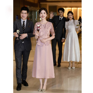 遮肚子年轻洋气妈妈装婚宴蕾丝假两件圆领旗袍喜宴喜婆婆减龄礼服