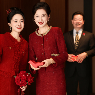喜妈妈婚宴礼服红色喜婆婆礼服减龄小香风套装秋冬保暖羽绒棉服