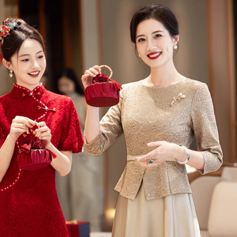 【浮光】妈妈婚宴礼服香槟色喜婆婆高端高级感巨美假两件连衣裙