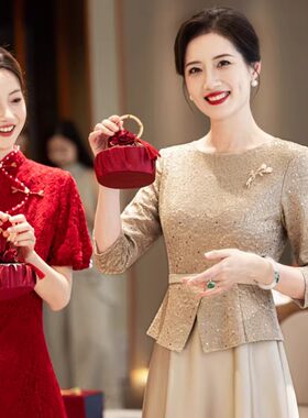 【浮光】妈妈婚宴礼服香槟色喜婆婆高端高级感巨美假两件连衣裙
