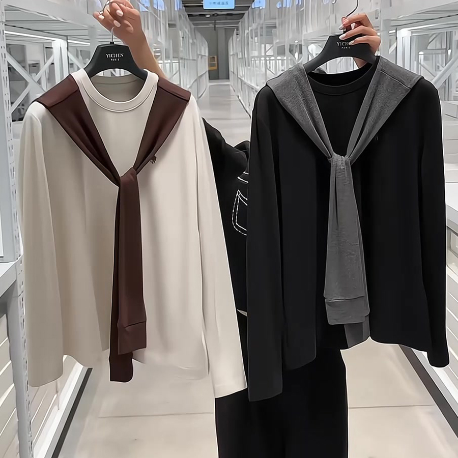 高端欧货秋冬新款带披肩宽松时尚纯色圆领长袖t恤假两件套上衣女