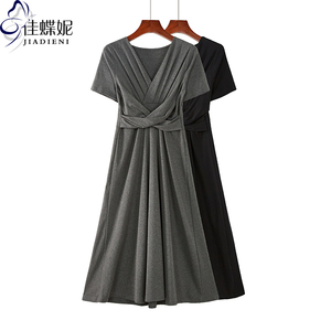 夏季V领纯棉修身褶皱加长款新款韩版短袖体恤打底内搭连衣裙女装