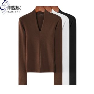 体恤上衣内搭女打底 显瘦纯色简约纯棉长袖 秋冬新款 深V领纯欲修身
