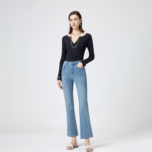 高品莱卡四面弹微喇裤女2025春季新款高腰修身显瘦九分喇叭牛仔裤