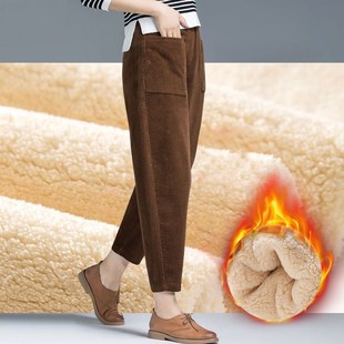 老爹女休闲裤 秋冬新款 灯芯绒加绒加厚羊羔绒妈妈宽松百搭哈伦长裤
