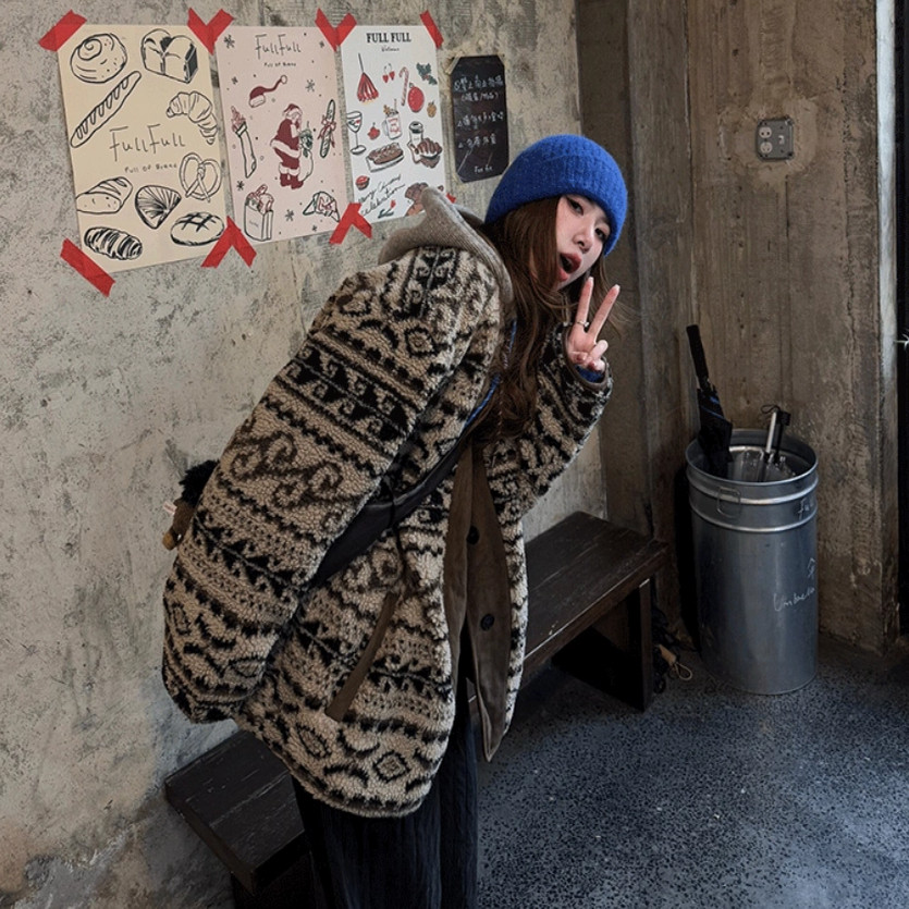 羊羔毛外套女秋冬2025新款宽松圆领费尔岛印花毛毛大衣韩版复古风,女装/女士精品,皮草,淘宝优惠券,粉丝福利购,淘宝优惠卷