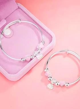 999纯银手镯公主kitty爱心形儿童小孩宝宝实心卡通可爱推拉手环