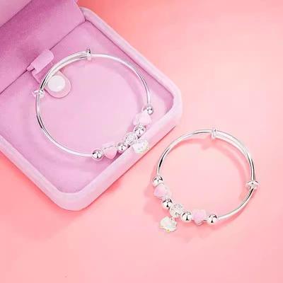 999纯银手镯公主kitty爱心形儿童小孩宝宝实心卡通可爱推拉手环