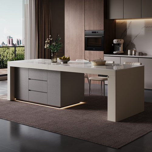 齐平岛台餐桌一体家用伸缩升降中岛台厨房定制高级多功能岩板岛台