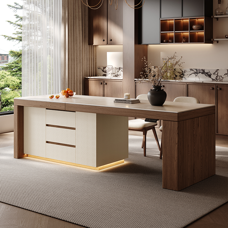 小户型岛台餐桌一体家用可伸缩2025新款岛台厨房中古风岩板中岛台