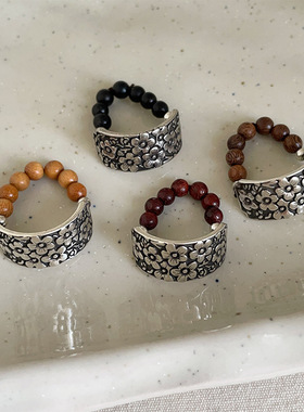 独特雕花花朵木珠串珠戒指女新中式设计感个性独特时尚指环戒子