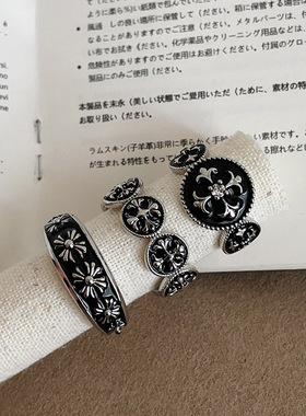 暗黑甜酷风鸢尾花黑色滴油戒指女个性独特时尚潮流气质指环戒子