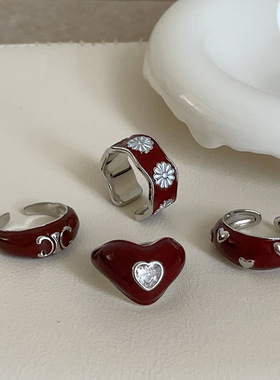 高级感几何滴油红色爱心戒指女轻奢个性小众时尚潮流百搭指环戒子
