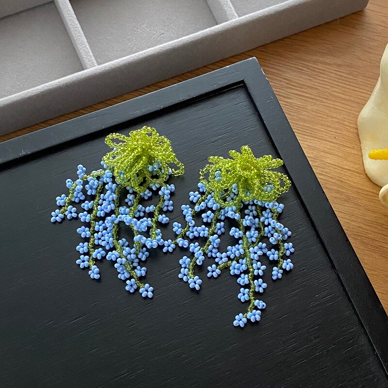 超美的啊 新款显白蓝色流苏瀑布花朵耳钉S925银针甜美夸张耳环女