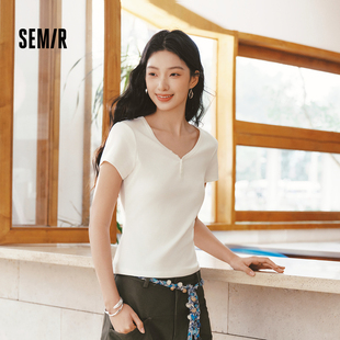 V领半开襟套头衫 森马短袖 T恤女夏季 短款 上衣 紧身纯色正肩2026新款