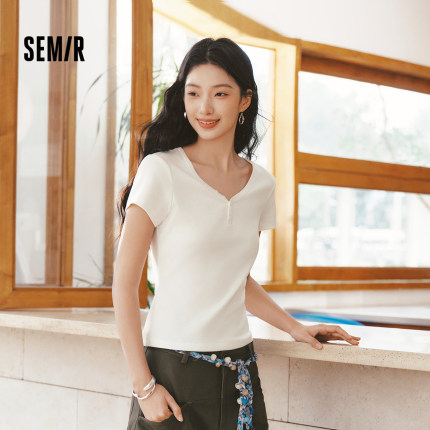 森马短袖T恤女夏季短款V领半开襟套头衫紧身纯色正肩2026新款上衣