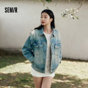 街头甜酷夹克 翻领做旧宽松落肩衣服美式 森柔 森马牛仔外套女春季