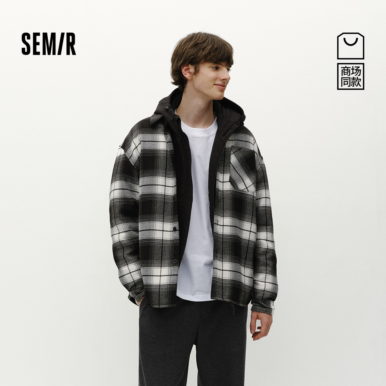 森马宽松加绒外套格纹长袖衬衫男