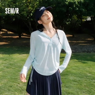 森马长袖T恤女夏季V领纯色仿麻宽松抽绳罩衫2026新款慵懒温柔上衣