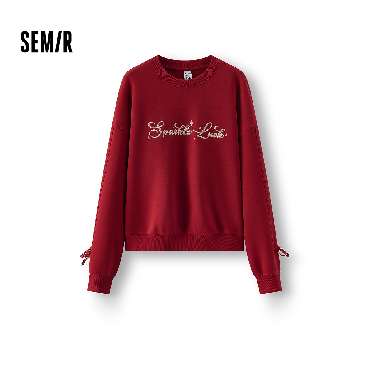 森马蕾丝蝴蝶结宽松红色卫衣女