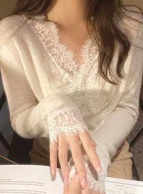 安迪绒 睫毛蕾丝 V领蕾丝针织打底衫毛衣女12010