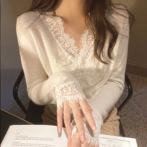 安迪绒 睫毛蕾丝 V领蕾丝针织打底衫毛衣女12010