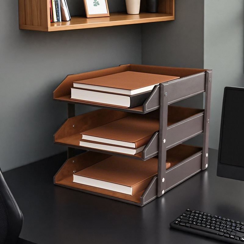 皮革三层文件架资料收纳架桌上文具用品办公室写字楼摆件文件框