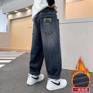 男童牛仔裤新款儿童宽松加绒长裤一体绒保暖裤子中大童厚绒弹力软