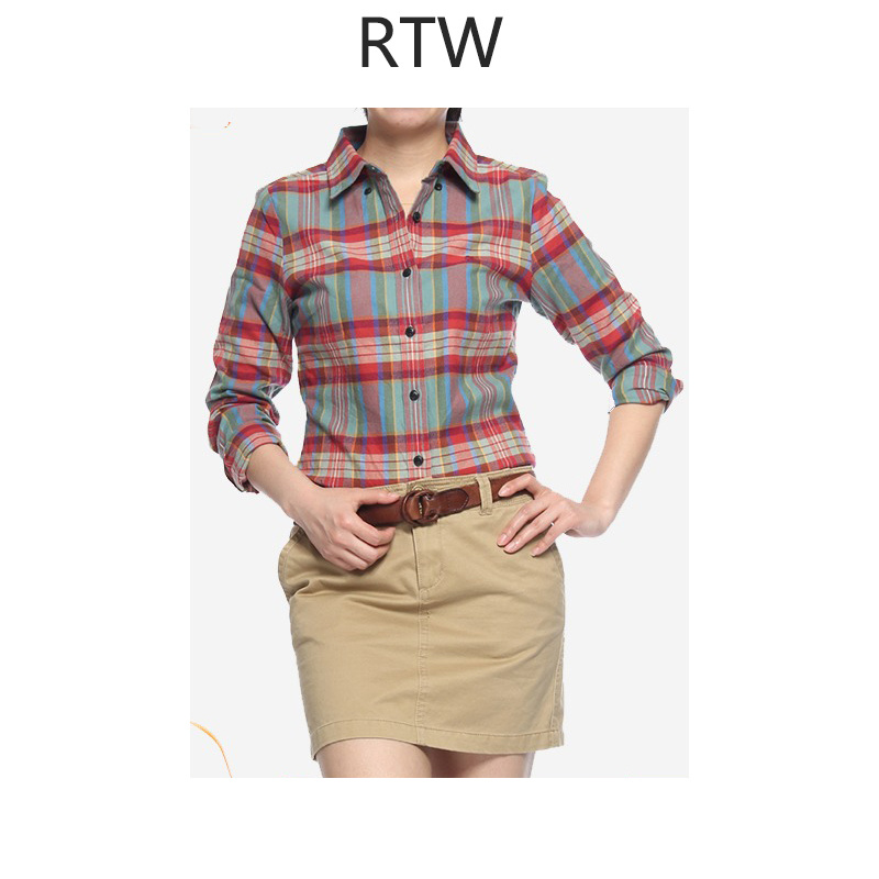 纯棉修身刺绣打底百搭风格子衬衫