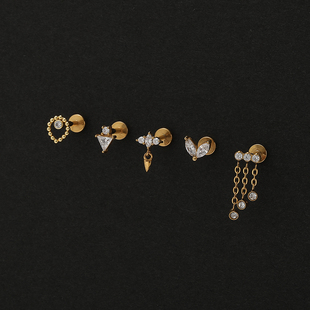 钛钢微镶闪钻锆石链条流苏耳骨钉平底穿刺内螺纹耳蜗耳廓钉小耳钉