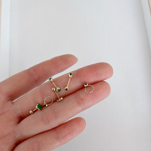 钛钢抓锆石小耳圈滴油绿色四叶草细针拧扣耳骨钉耳蜗耳骨圈小耳扣