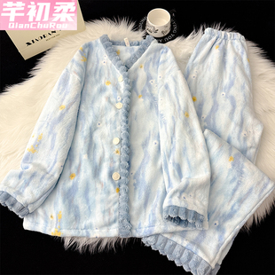 家居服套装 法兰绒睡衣女新款 开衫 珊瑚绒绿色加绒加厚保暖长袖 冬季