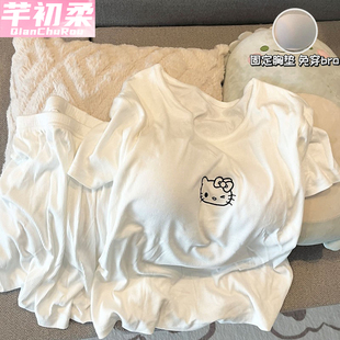 套装 短裤 卡通甜美冰丝螺纹莫代尔凉感家居服 短袖 带胸垫睡衣女夏季