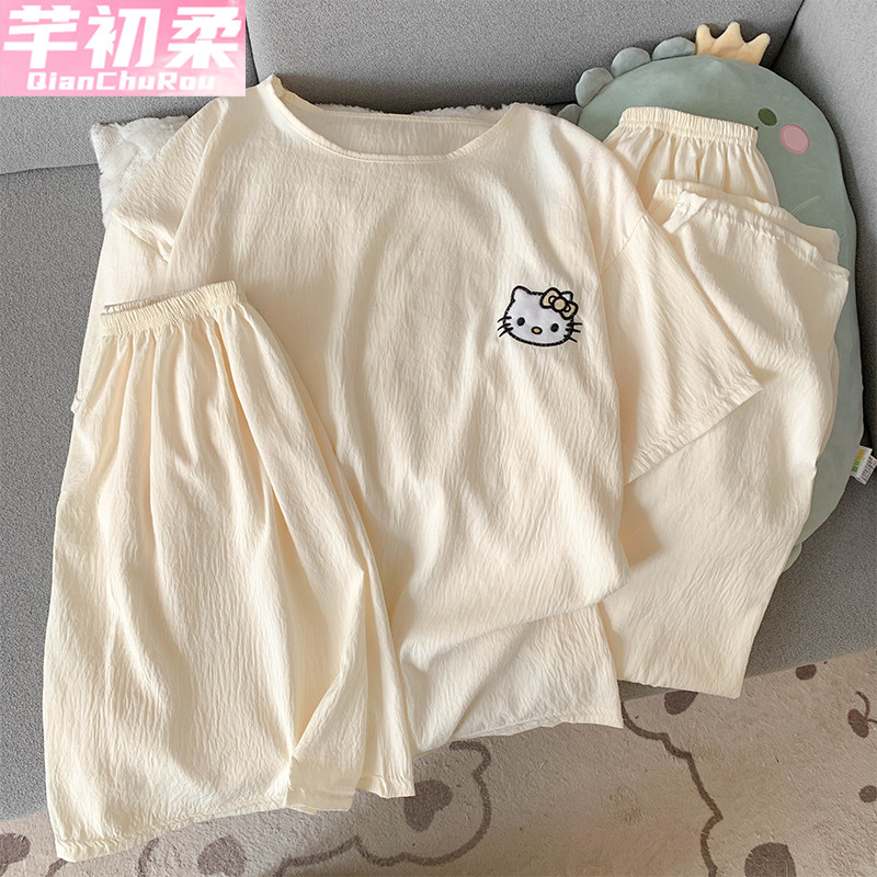 睡衣三件套女夏季云朵棉短袖短裤长裤圆领夏天纯色卡通家居服套装