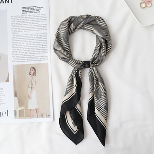 装 韩版 仿真丝薄款 小围巾丝巾 饰领巾防风护颈 千鸟格春秋百搭经典