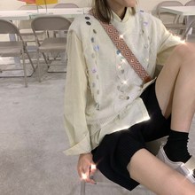 翻领上衣针织宽松女 马甲 衬衫 外套纯色简约套装 韩版 秋装 亮片长袖