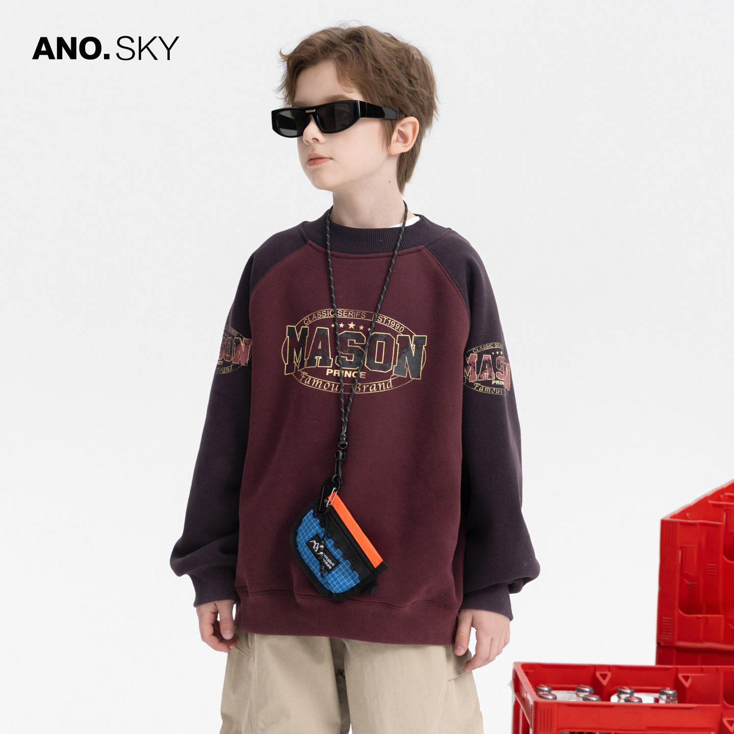 anothersky男童冬季新年红色加绒半高领卫衣2025新款儿童加厚上衣